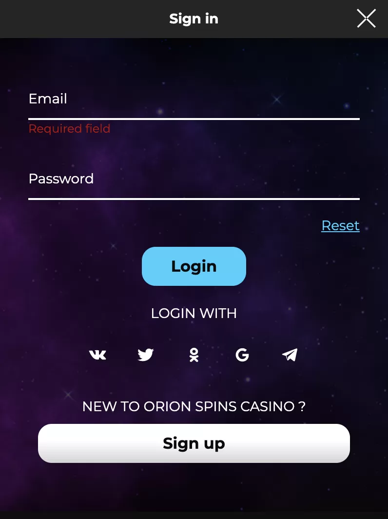 Orion Spins Casino Sign up